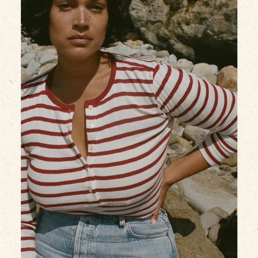 Doen Burgundy and Cream Striped Long Sleeve Top